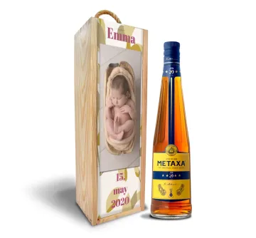 Dřevěná krabička s potiskem Metaxa 5*