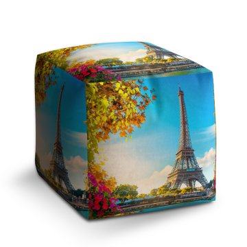 Taburet Cube Paříž Eifellova věž Flowers: 40x40x40 cm