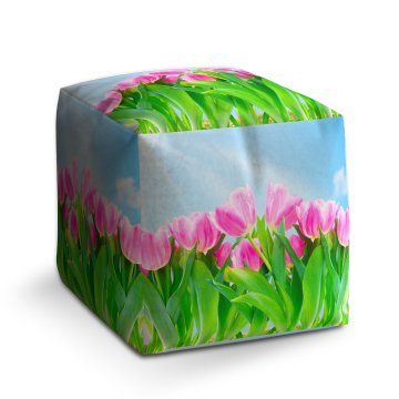 Taburet Cube Růžové tulipány: 40x40x40 cm